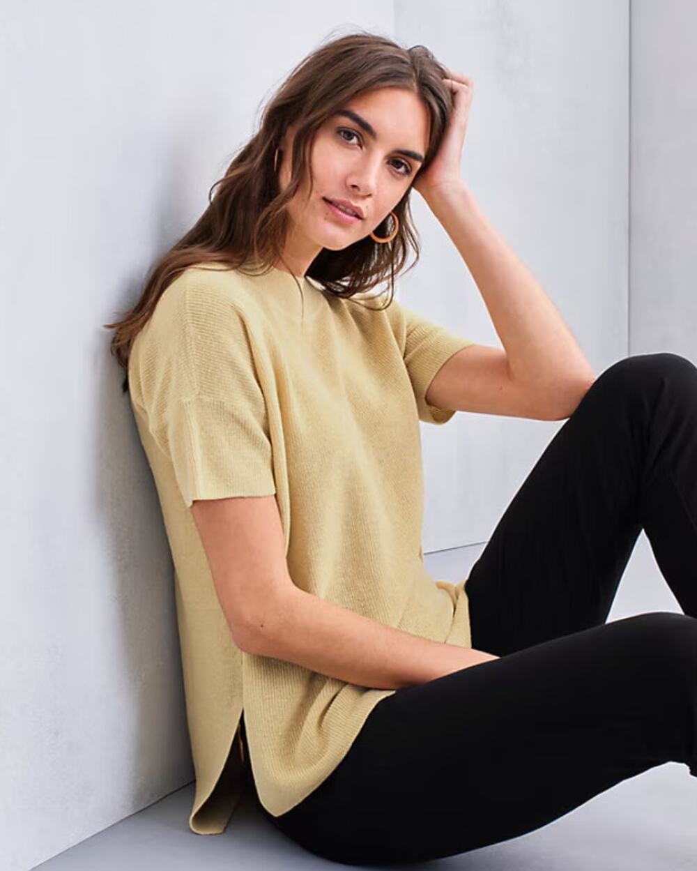 Eileen Fisher Butter Yellow Knit Linen Cotton Short Sleeve Sweater Minimalist